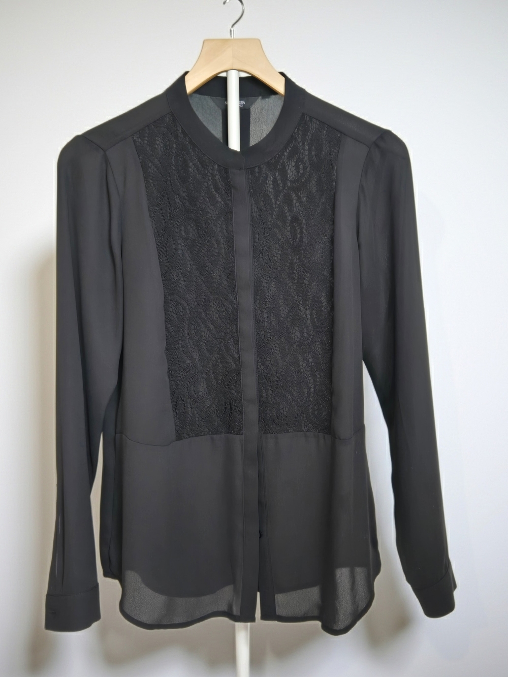 Vera Wang Black Sheer Lace Panel Long Sleeve Mock Neck Button Down Chiffon Top S